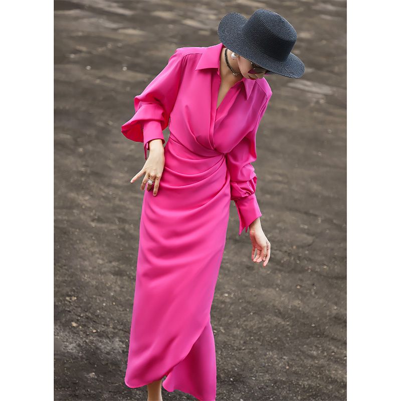 显白玫红感2024秋季新款时尚气质通勤简约修身衬衫裙长袖连衣裙女