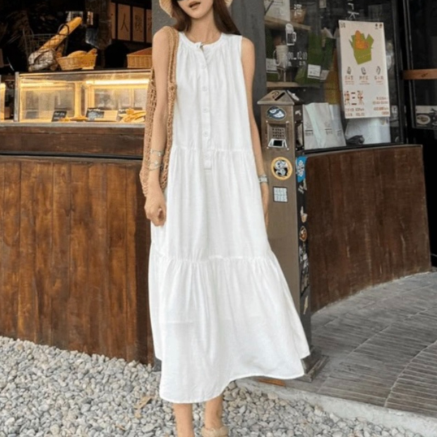 2024年气质无袖小众纯色显瘦中长款夏季设计感宽松连衣裙