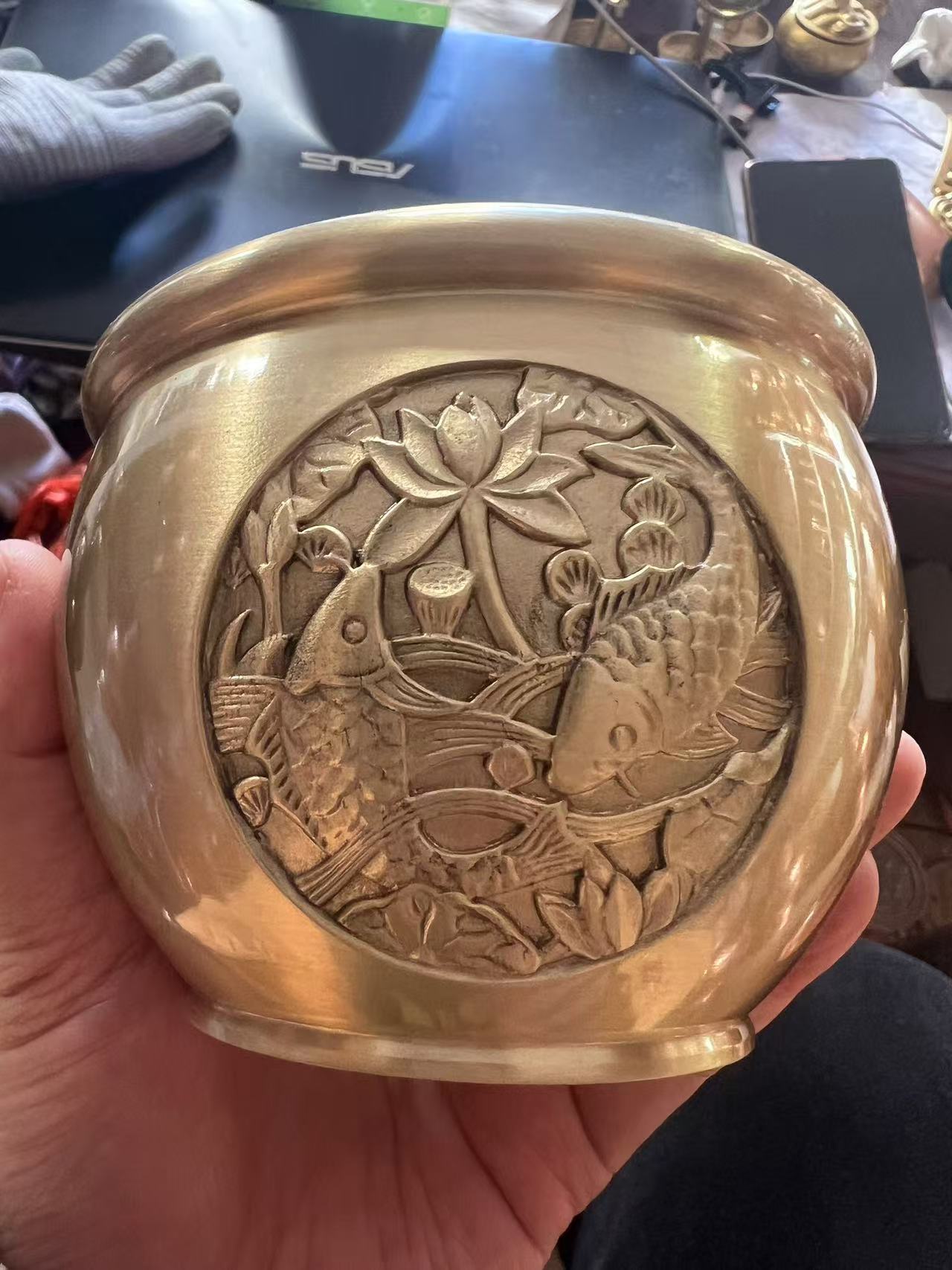 家用黄铜年年有鱼复古雕刻实心龙纹手工小摆件鎏金浮雕工艺品创意