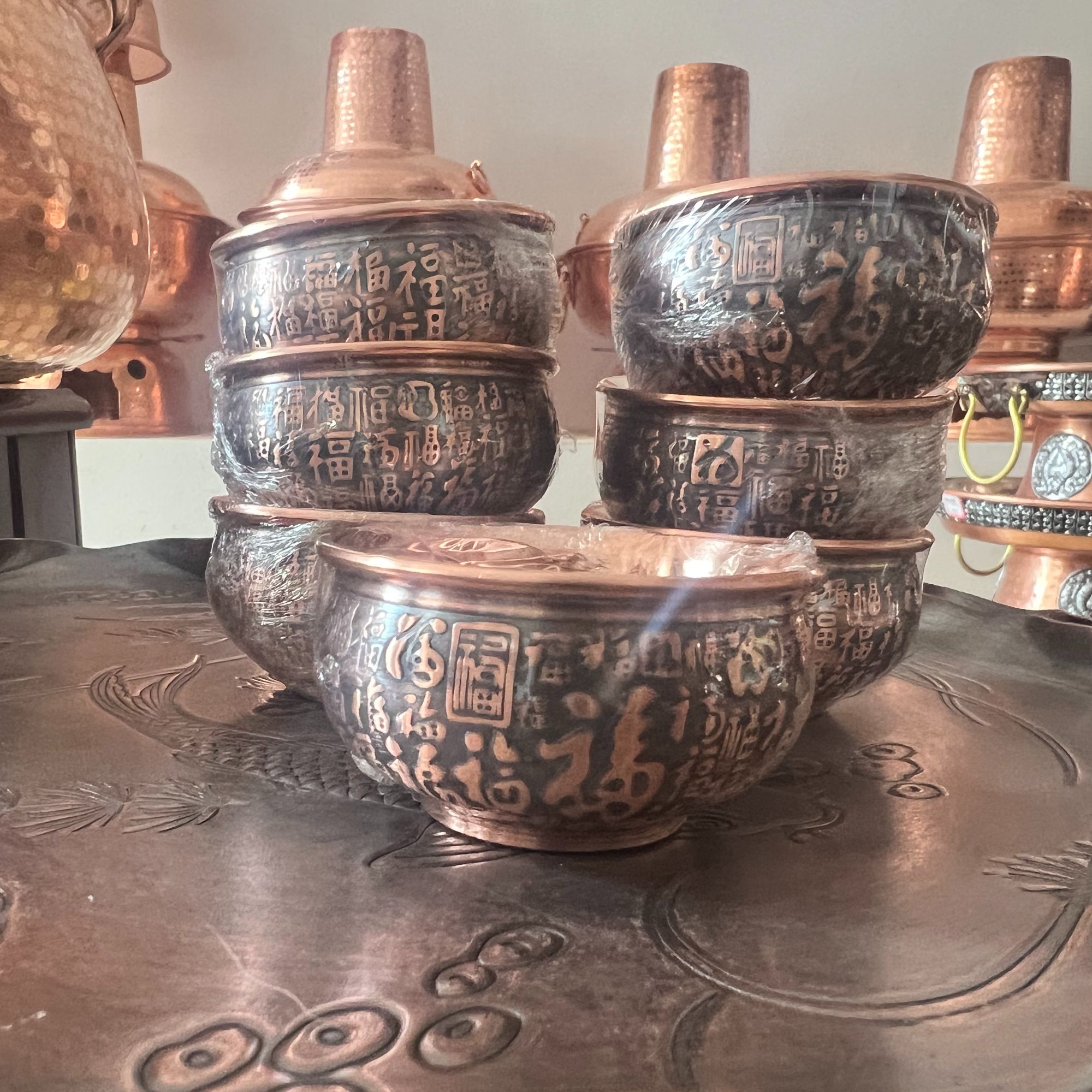 家用纯紫铜复古双层陶瓷大号千福茶杯纯紫铜茶杯百福杯中式茶具