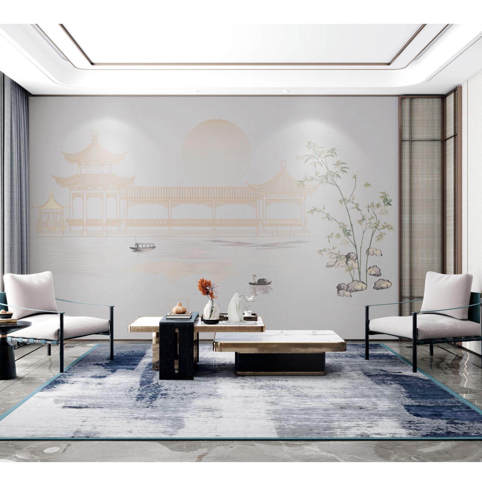 亭亭玉立 新中式刺绣沙发客厅茶室背景 书房软包奢华定制奢华米黄