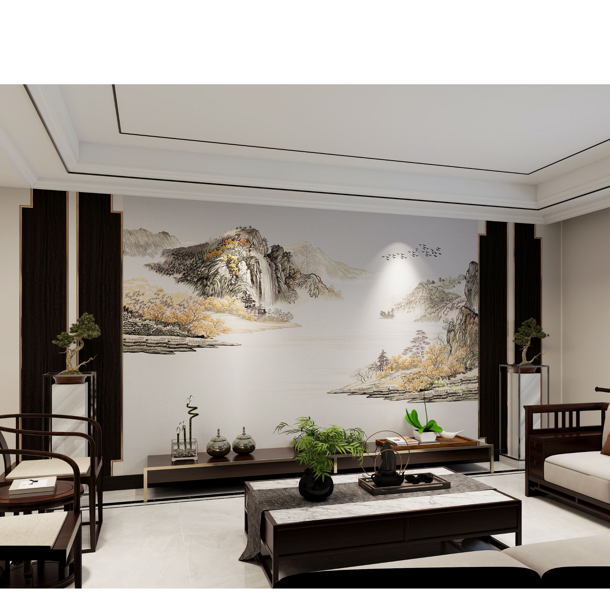 飘渺云川 新中式刺绣背景 沙发背景 茶室背景墙