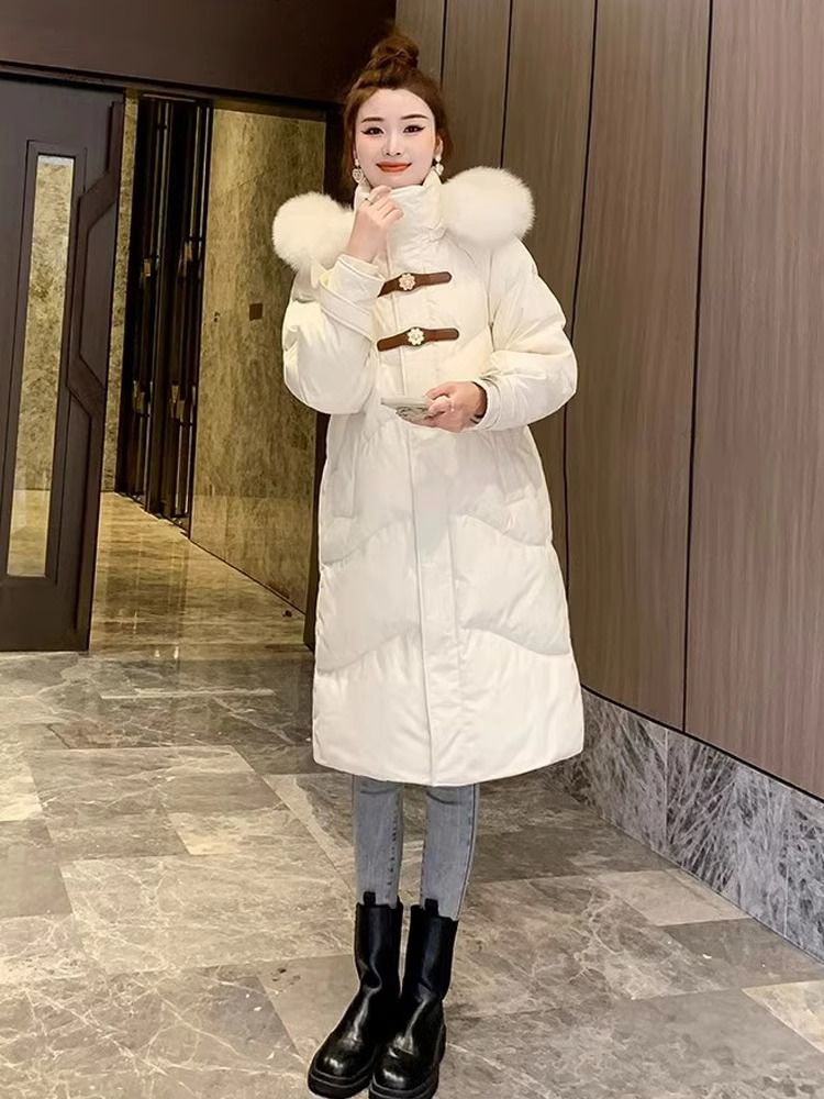 雅鹿中长款白色羽绒羽绒服女冬装大码宽松韩版设计感时尚大毛领棉