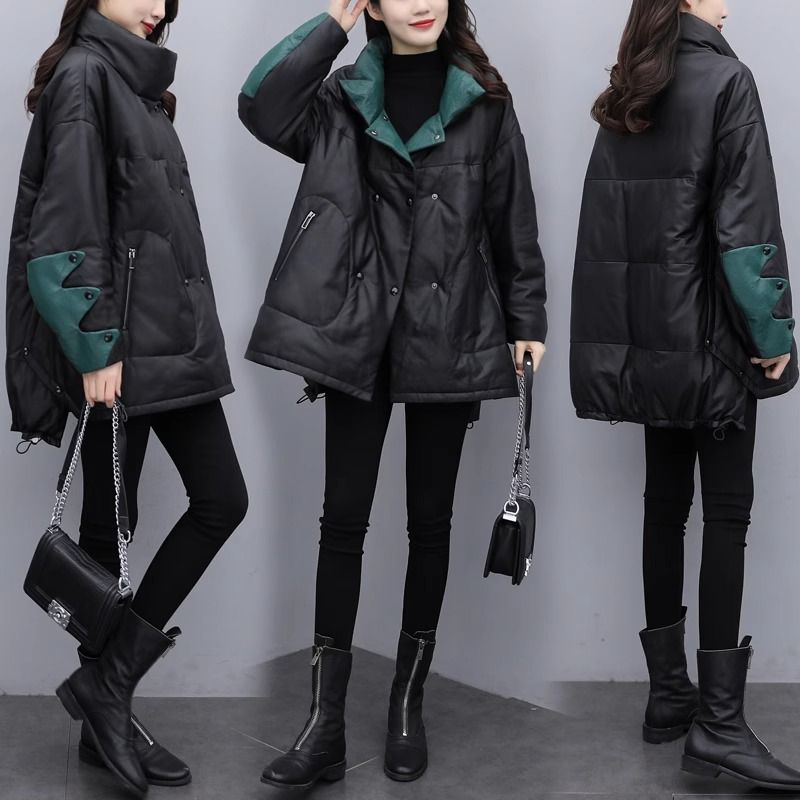 雅鹿黑色拼接皮衣轻薄羽绒羽绒服冬季女大码时髦洋气加厚保暖棉衣