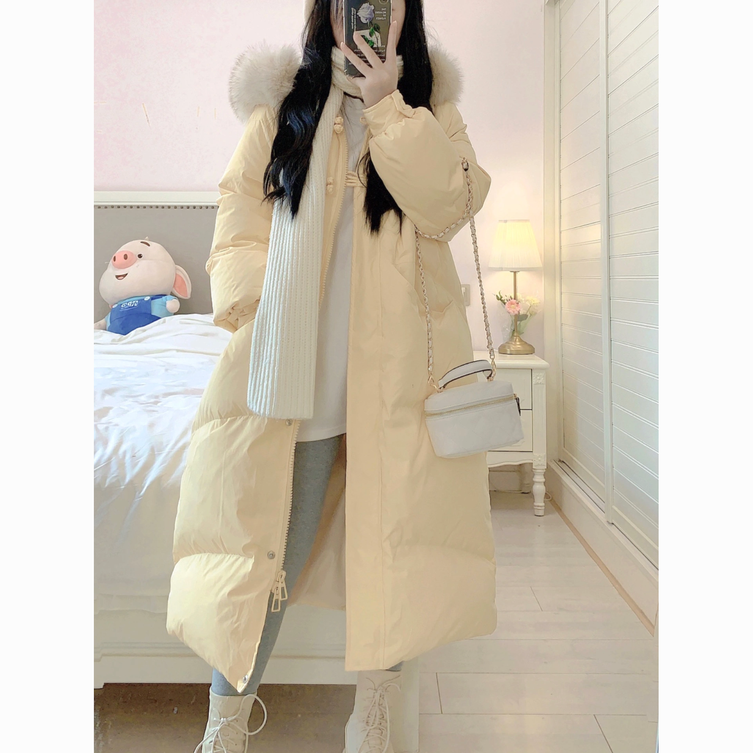 雅鹿羽绒服女中长款韩版宽松2023新款羽绒棉衣外套冬季加厚杏色连