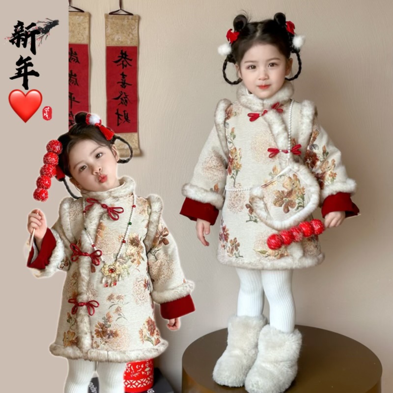 女童加绒旗袍裙秋冬季2025新款中式国风格格装儿童加厚过年拜年服