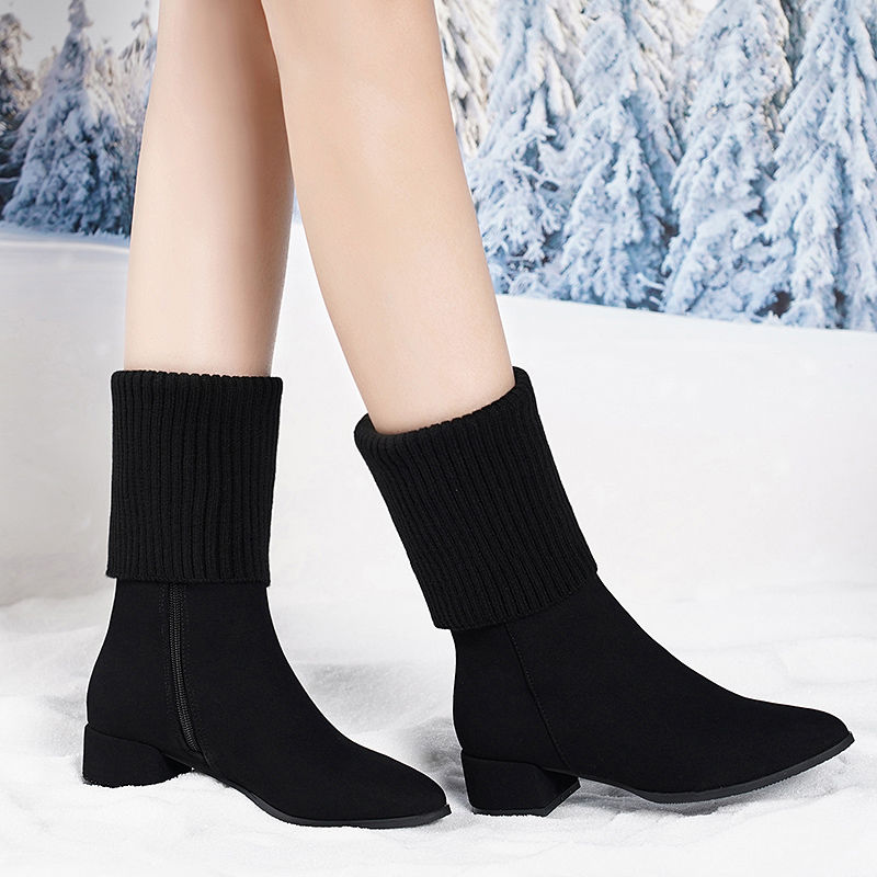 尖头跟高4厘米~一靴两穿秋冬针织毛线弹力靴中跟百搭靴子中筒短靴