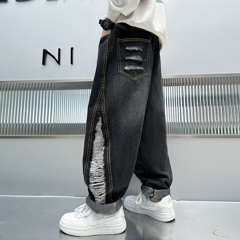 男童春秋款牛仔裤2024新款中大儿童春装破洞宽松裤子春季潮酷男孩