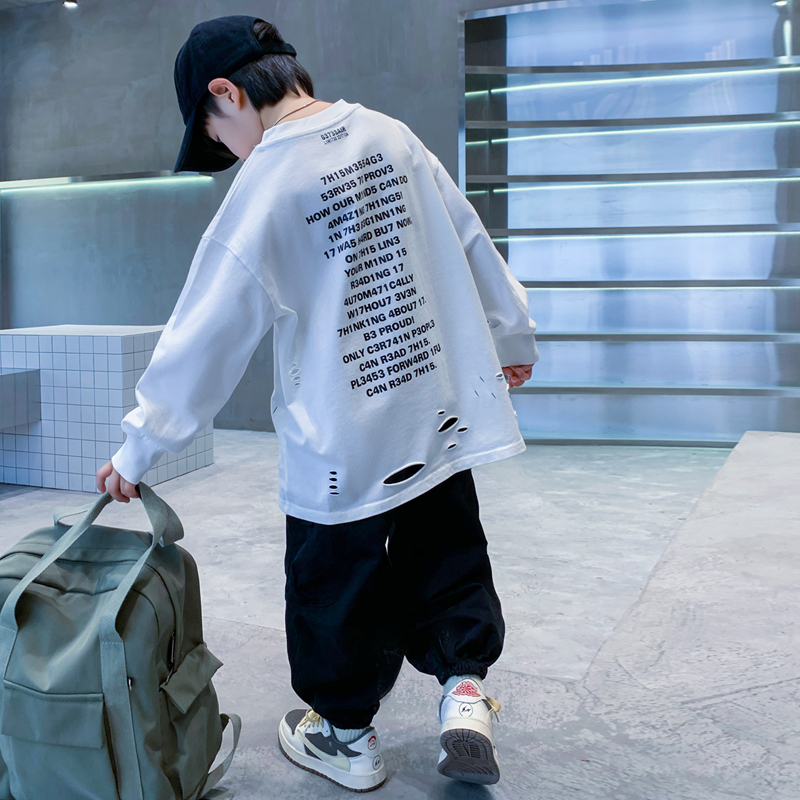 男童春秋款时髦破洞卫衣2024新款中大童宽松衬衫上衣男孩痞帅炸街