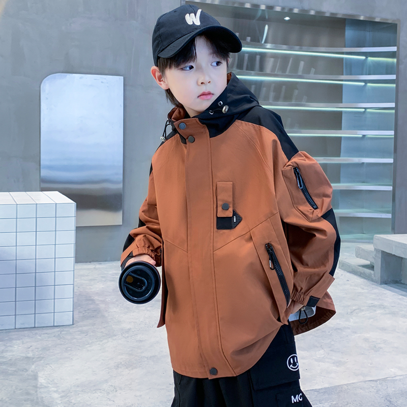 男童春秋款撞色冲风衣外套2024新款中大童春装宽松男孩痞帅炸街潮