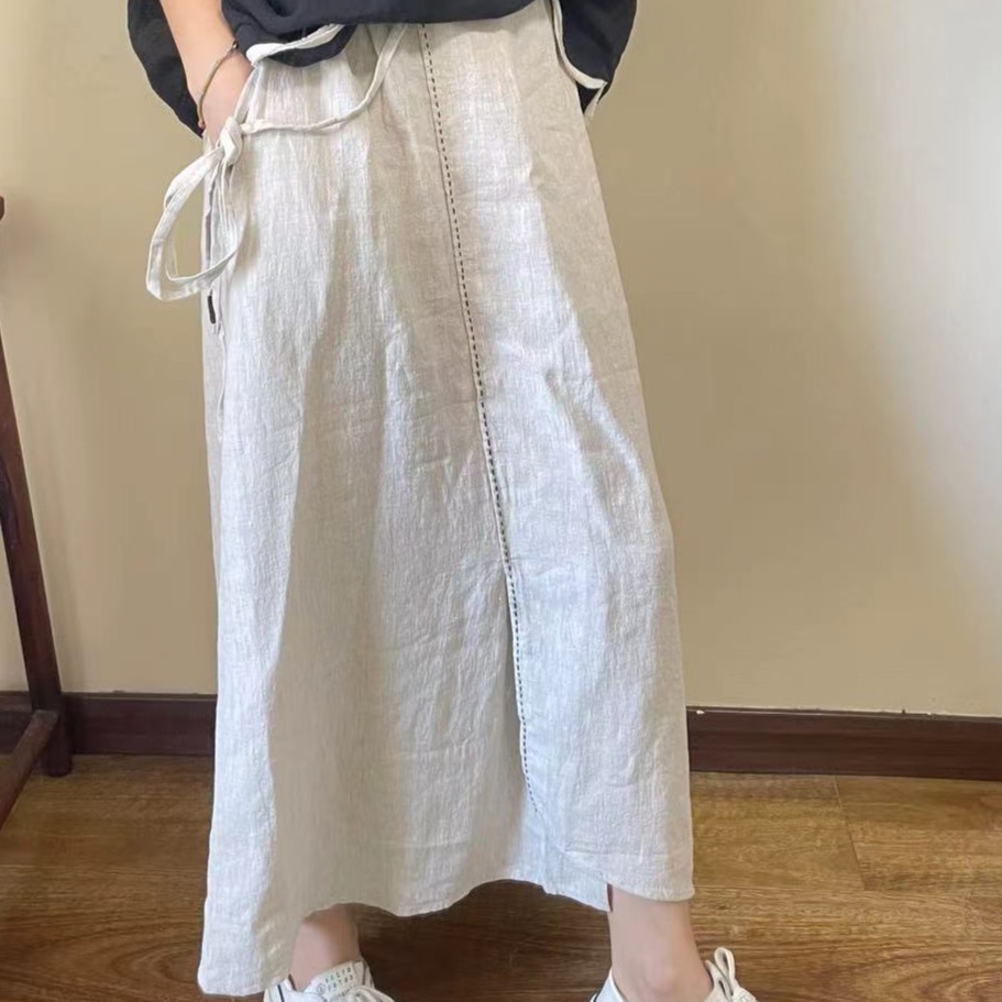 夏季文艺麻本色半身裙松紧腰设计