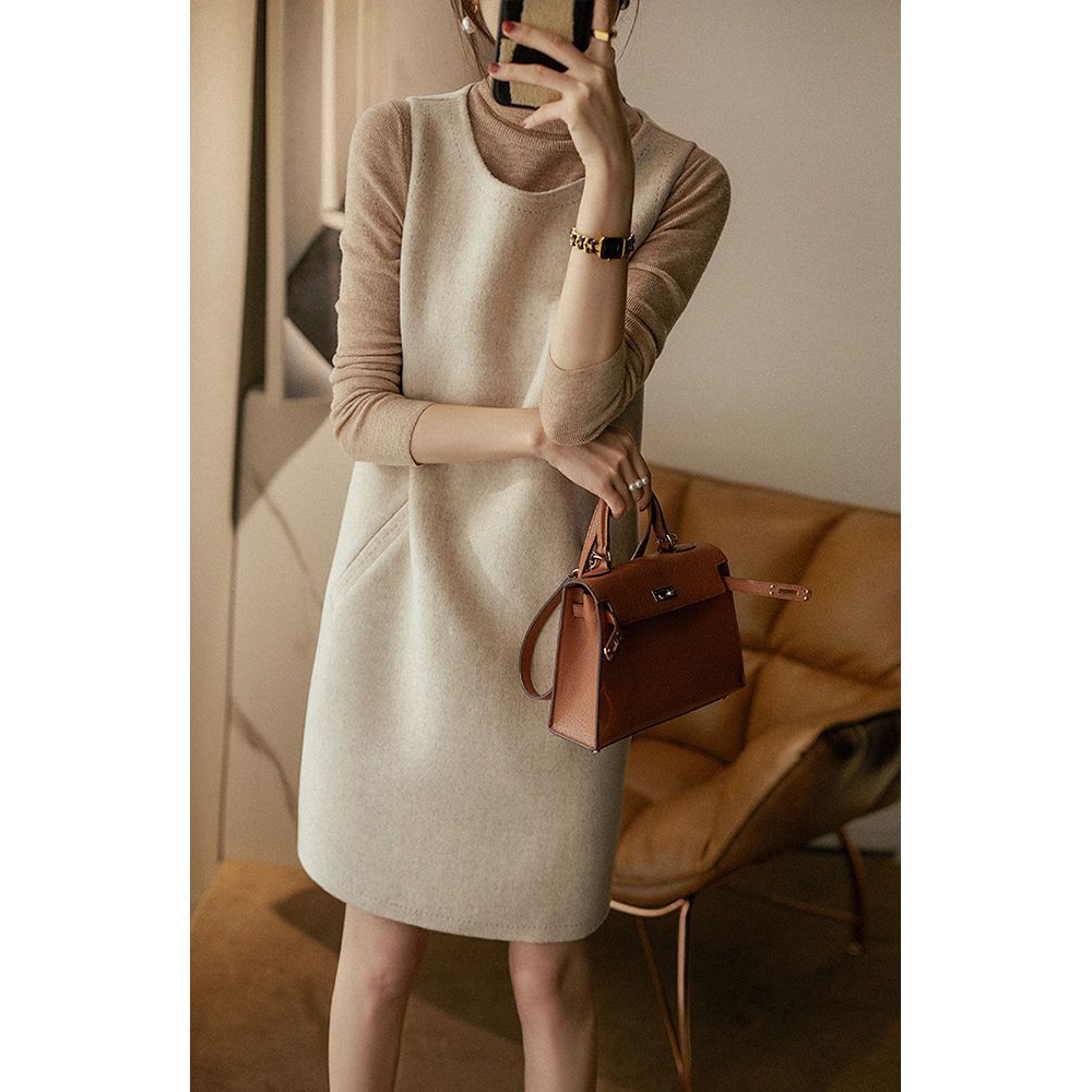 2023秋冬毛呢背心裙外穿通勤宽松显瘦a字连衣裙女呢子坎肩马甲裙