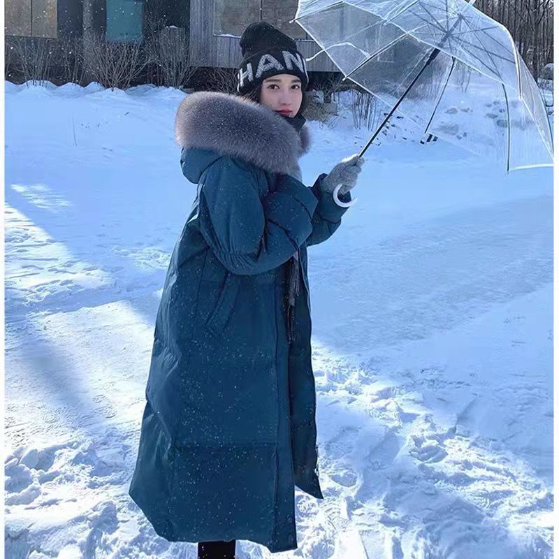 真大码服女中长款2023冬季新款大毛领韩版过膝加厚显瘦外套
