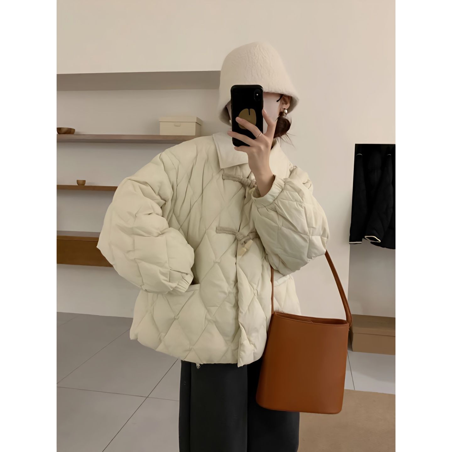 牛角扣菱格羽绒服女2023冬新款韩版小个子宽松加厚保暖棉衣外套