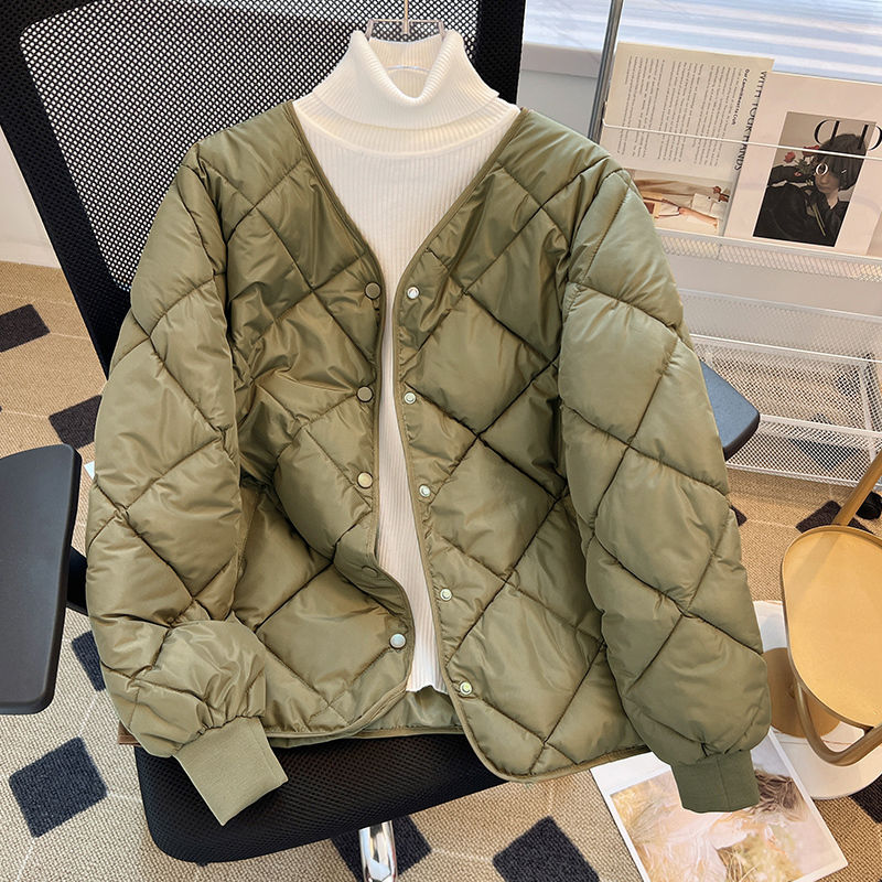 爆款短款羽绒服2023新款女款设计感菱格茧型轻薄棉服外套冬装小同