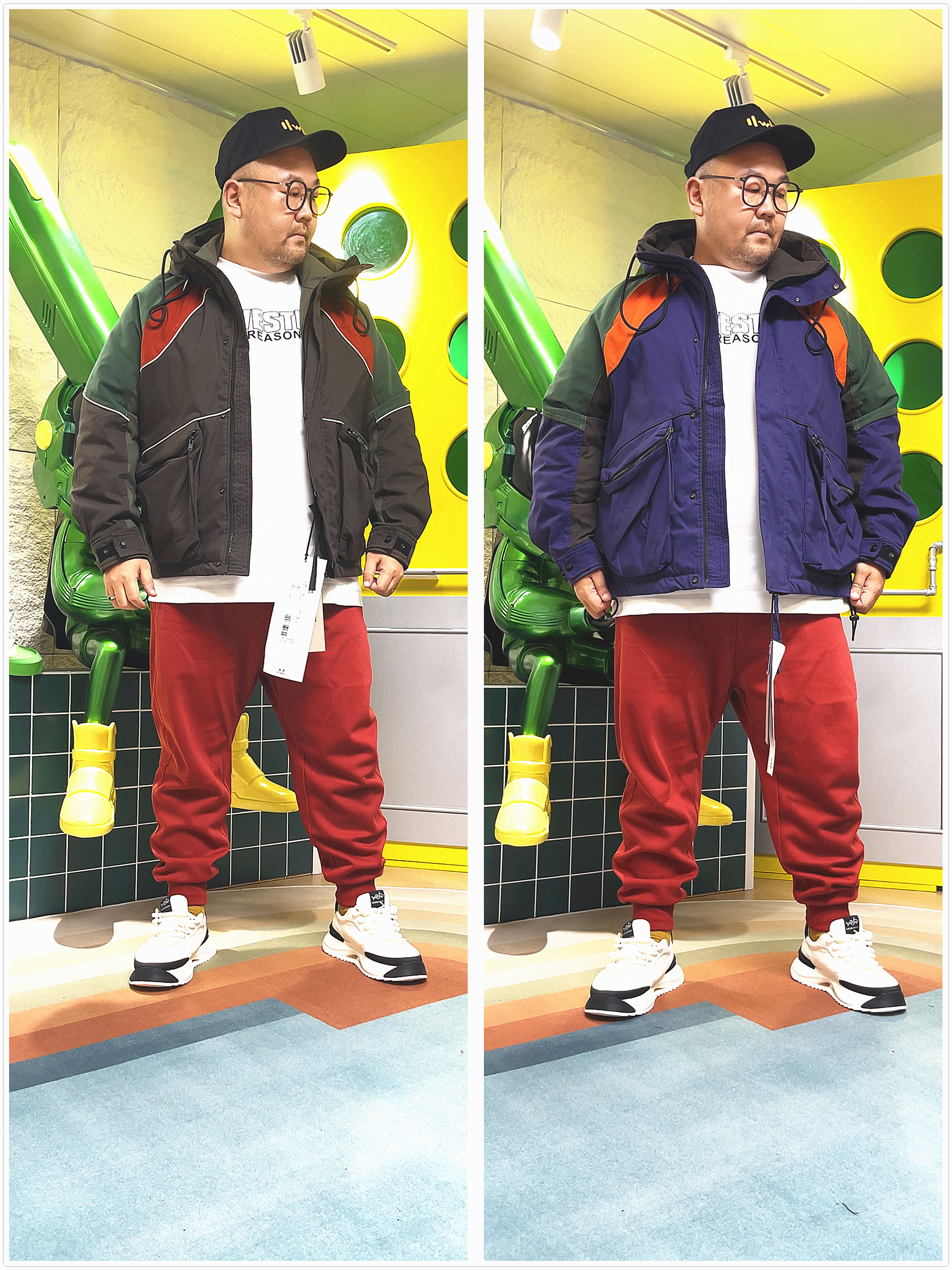大码男装设计师重工户外撞色防风连帽宽松款羽绒服