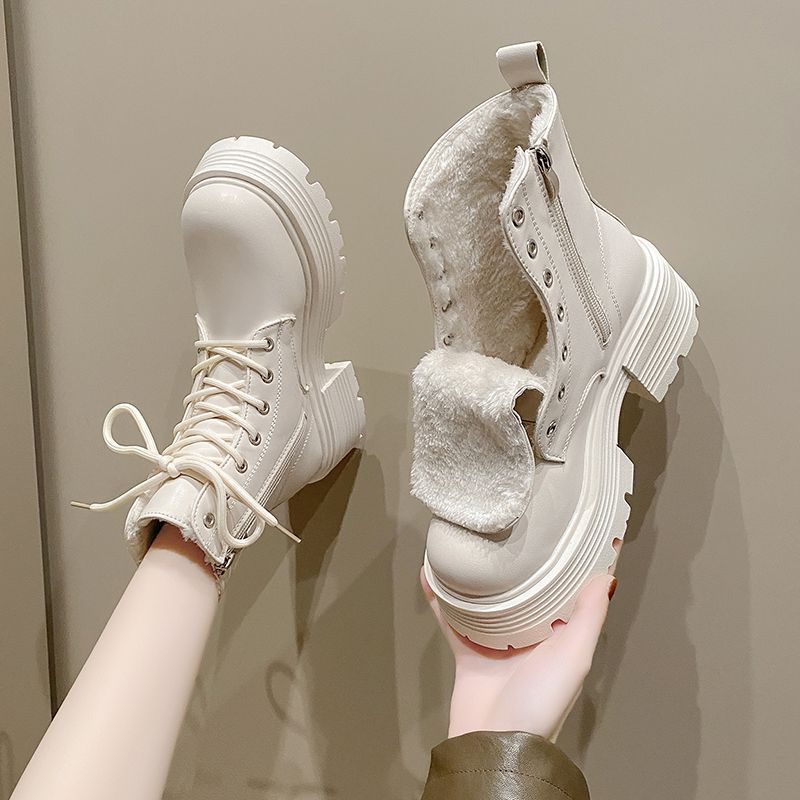 真软皮马丁靴女冬季加绒厚底增高白色短靴韩版时尚保暖防滑雪地靴