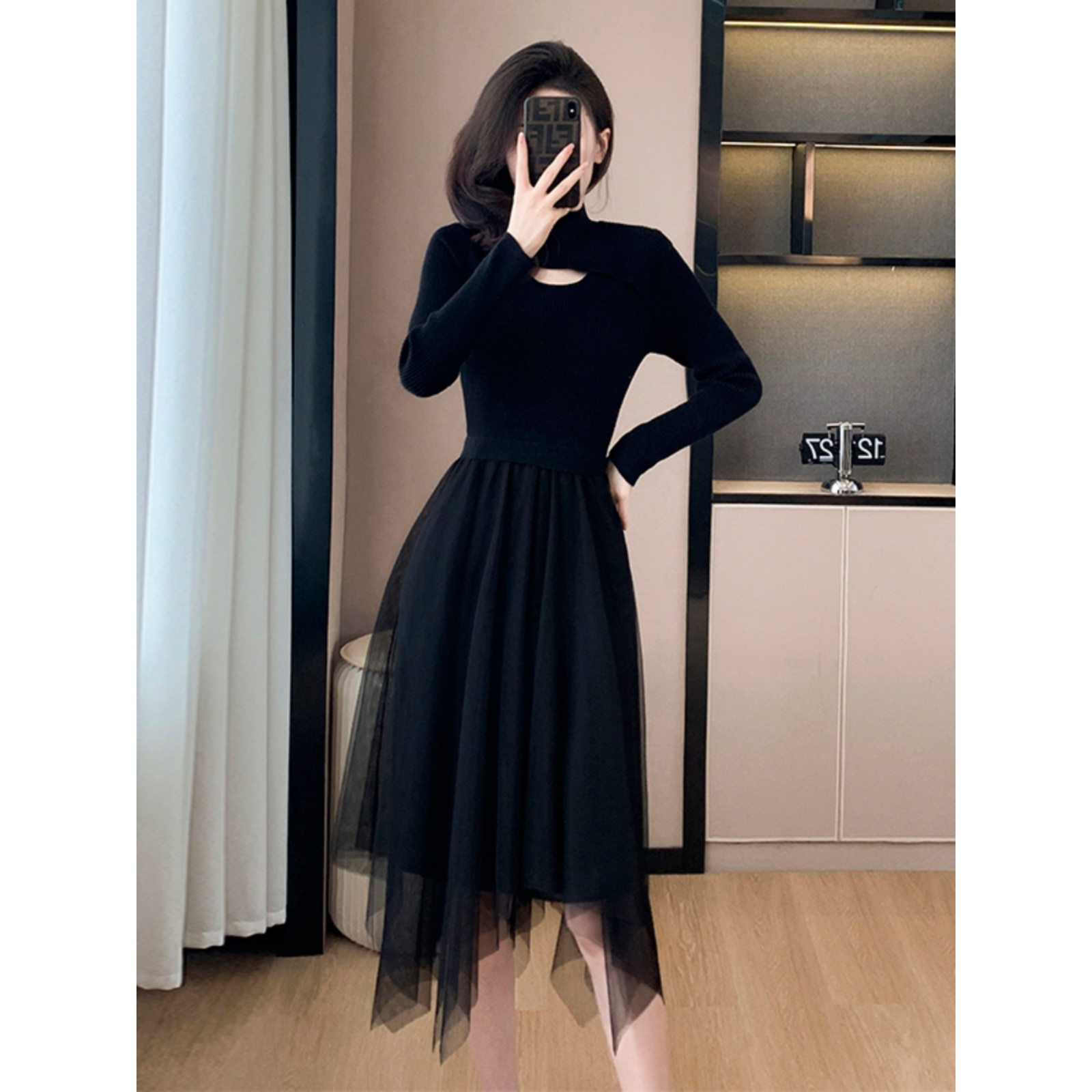 2025年秋冬新款黑色镂空针织打底女法式气质网纱毛衣两件套裙子