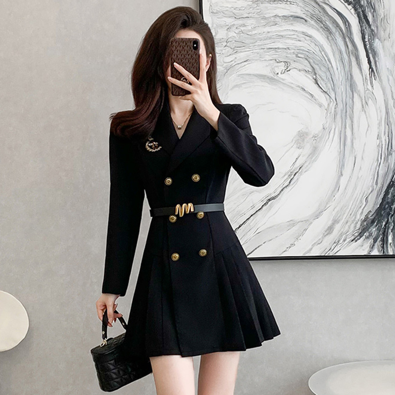 【TW】赫本风黑色西装连衣裙2025新气质小个子西服修身百褶裙子1875