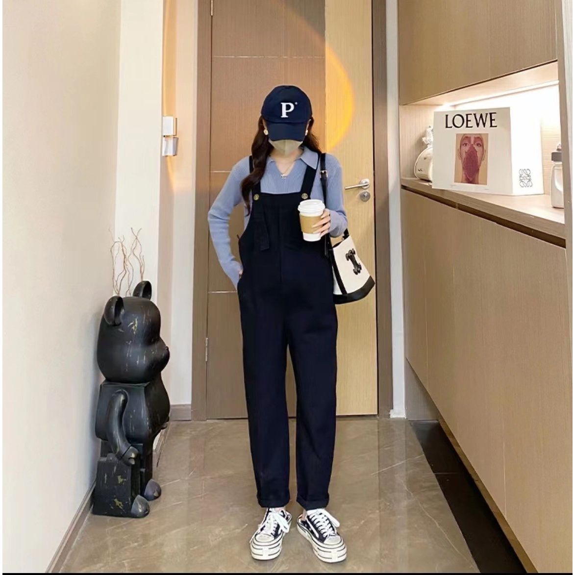 【玫瑰优选】孕妇春季套装翻领孕妇上衣时尚百搭孕妇背带裤孕妇套装