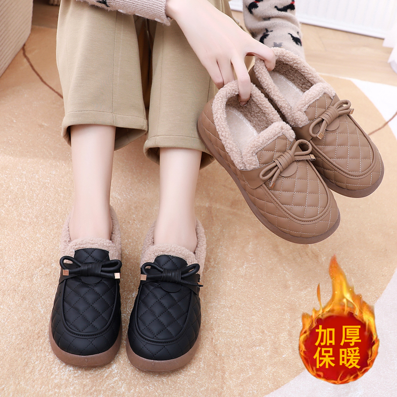 冬季加绒加厚保暖休闲妈妈鞋外穿毛毛鞋懒人黑色工作豆豆鞋棉鞋女