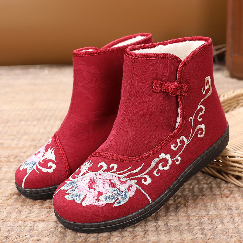 冬季女棉靴加绒加厚保暖复古民族风绣花棉靴中筒棉鞋女时尚女棉鞋