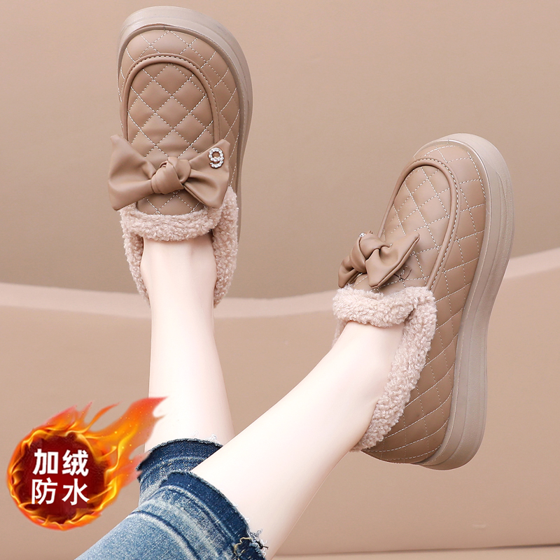 皮面防水雪地靴子女加绒加厚外穿乐福厚底棉鞋女士休闲棉鞋一脚蹬