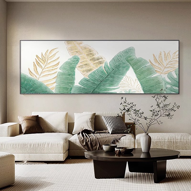芭蕉叶客厅沙发背景墙油画横幅卧室床头挂画家大业大-黑框油画布