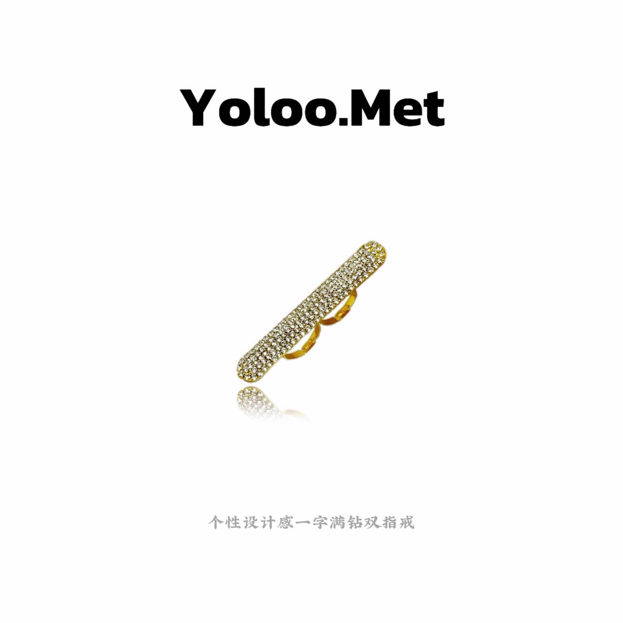 铜合金戒指 【Yoloo.Met】小众设计感个性一字满钻双指戒