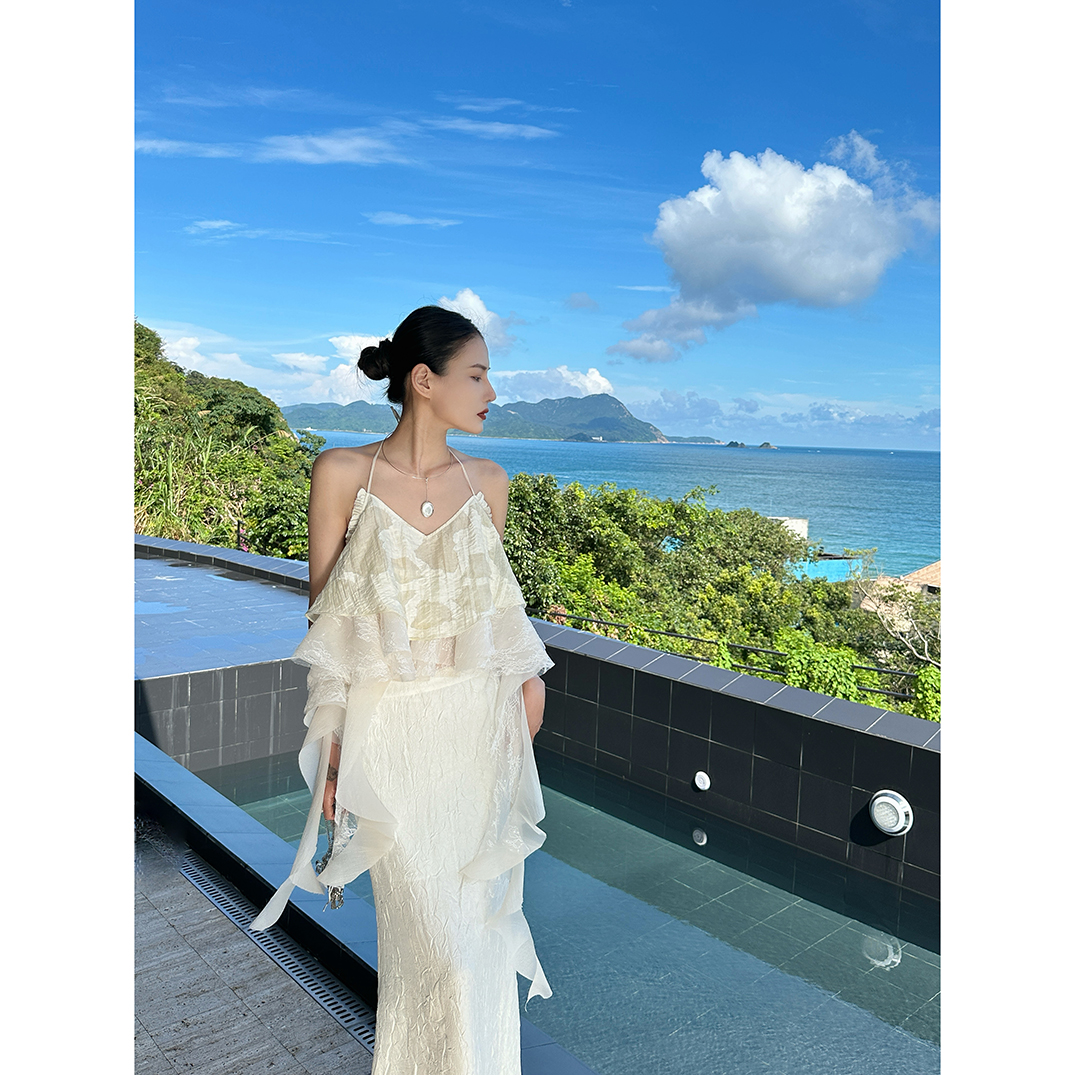 1423【星月鎏光】原创设计挂脖提花仙气飘飘上衣&半裙套装