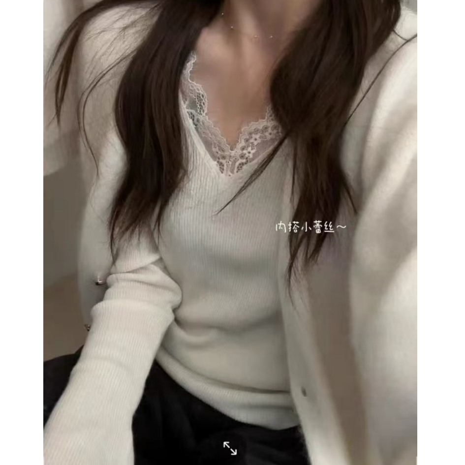 【蜜爷家】V领蕾丝宽松毛衣5135#