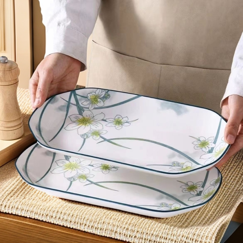 蒸鱼盘子釉下彩家用大号鱼盘陶瓷长方形鱼盘饭盘餐盘菜盘创意简约