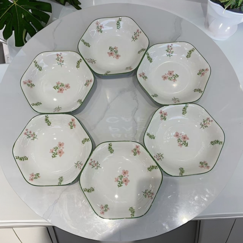 8英寸家用陶瓷盘子中式釉下彩陶瓷盘六角盘清新家用汤碗盘碟简约