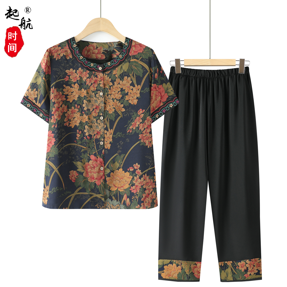 中老年女装套装夏装奶奶装衬衫短袖两件套母亲节老人妈妈薄款衣服
