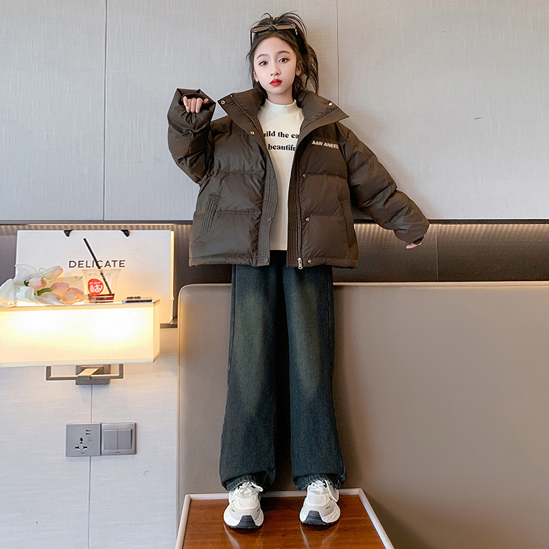 女童冬季短款丝绵服2023新款洋气女大童面包服儿童冬装白鸭绒外套
