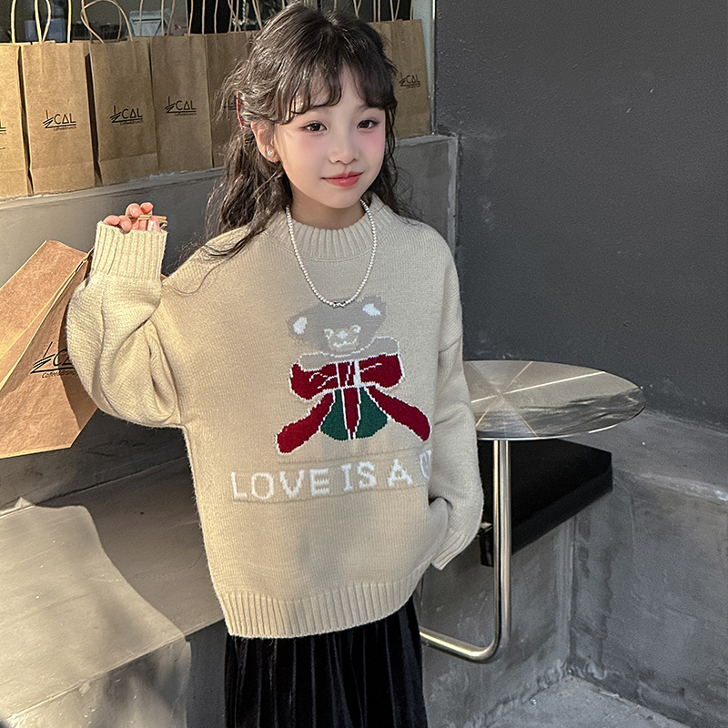 儿童女童毛衣针织衫2023新款韩版秋冬季洋气小熊潮范休闲毛线衫潮