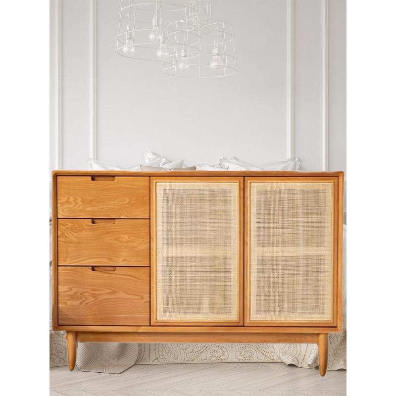 北欧实木餐边柜家用藤编收纳柜多功能储物柜玄关柜原木茶水碗柜