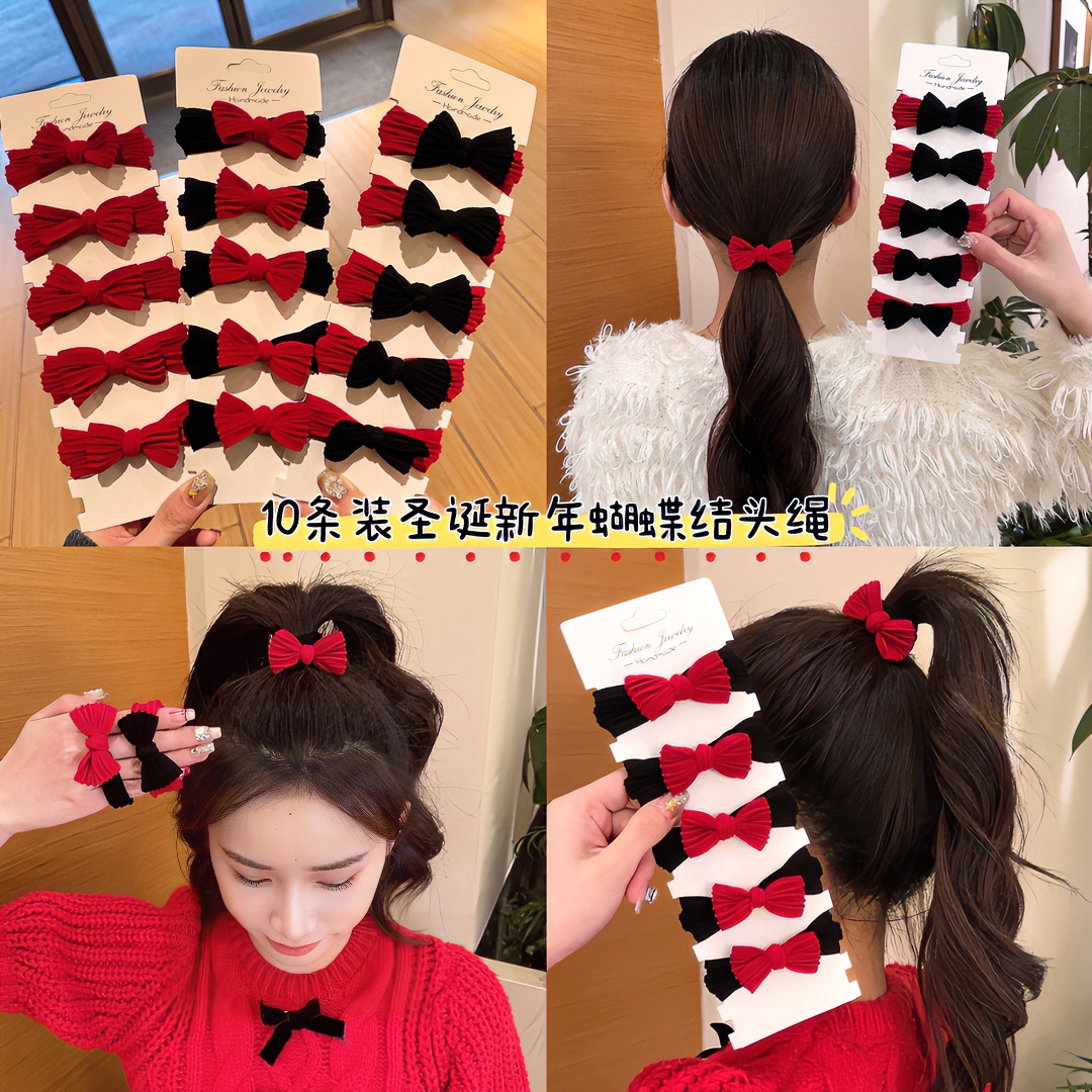 3.9/10条新年高品质蝴蝶结红色发绳秋冬加粗加厚高弹力发圈扎头绳