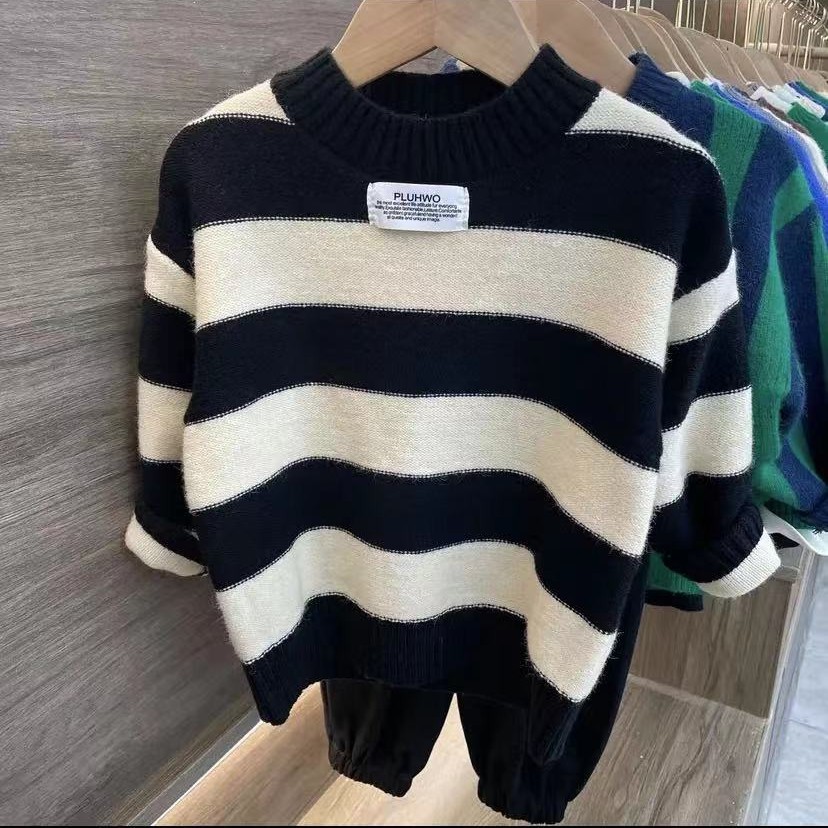 【标王】儿童秋冬半高领定标条纹针织衫圆领上衣时尚男女童装毛衣