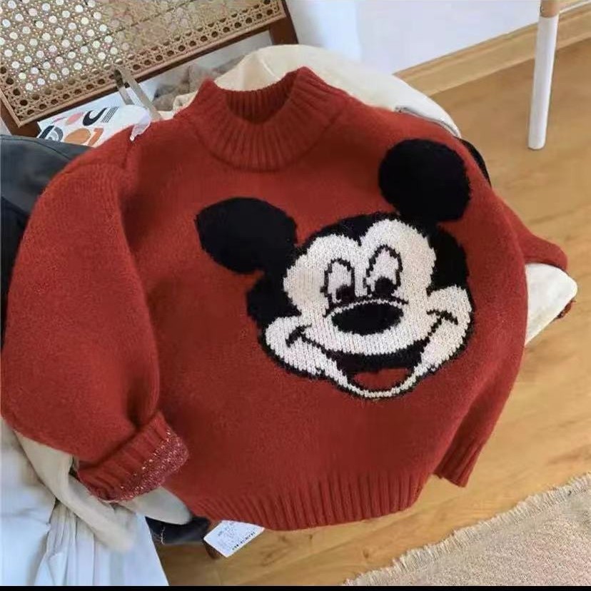 A92红色米奇秋冬卡通儿童针织衫套头男女童装拜年服上衣加绒毛衣