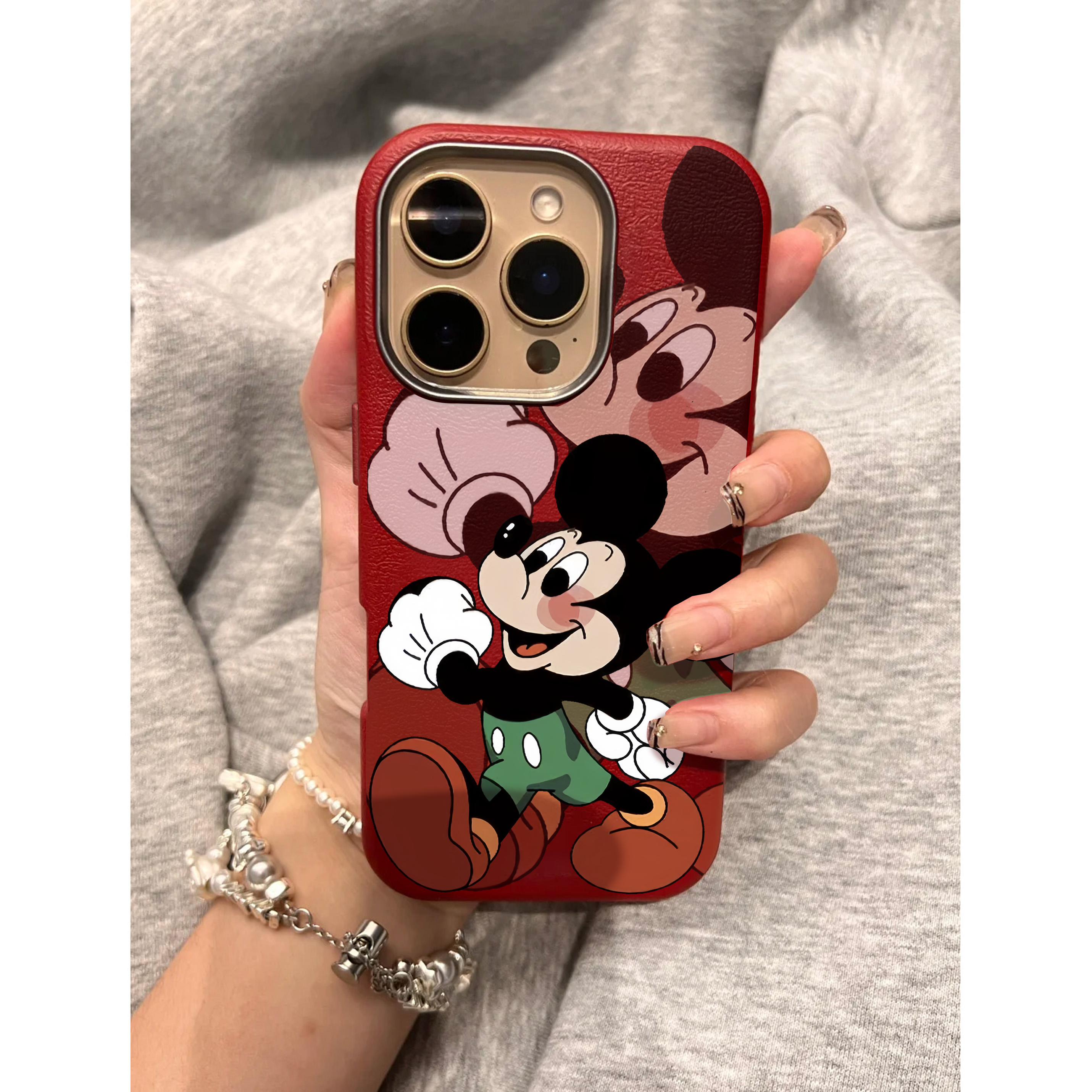 BANCA可爱重影米奇适用iPhone16/15promax荔枝纹14金属框手机壳13