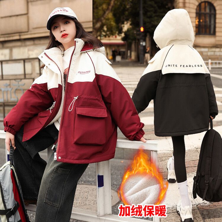 秋季女童棉服冬装新款洋气儿童加绒加厚保暖外套中大童连帽冲锋衣