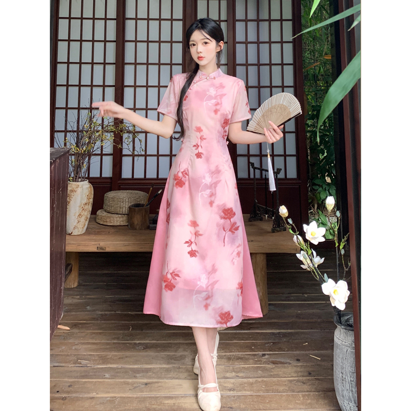 大码女装改良旗袍女新中式温柔绝美少女感修身显廋印花国风连衣裙