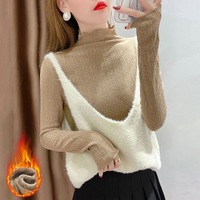 半高领加绒针织打底衫女秋冬洋气内搭木耳边修身亮丝加厚百搭上衣