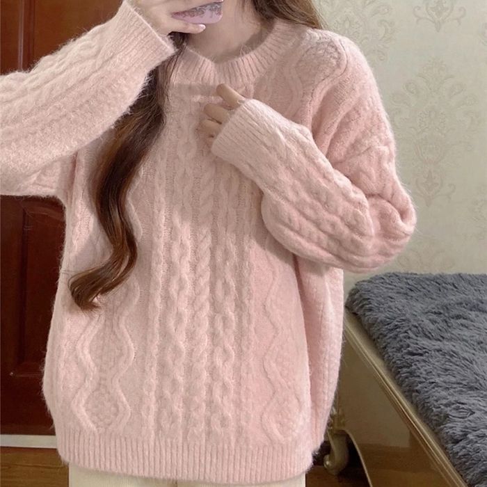 软糯糯毛衣女秋冬2023年新款森系慵懒温柔风加厚粉色宽松套头上衣