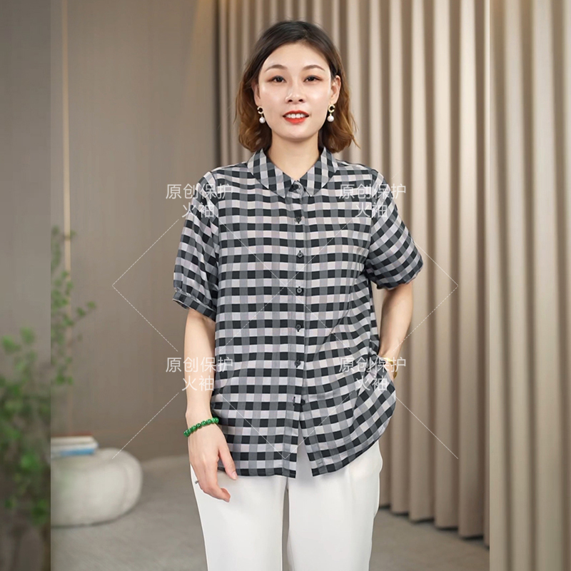 火袖D622时尚Polo领格纹短袖上衣2024夏新款宽松遮肉洋气百搭衬衣