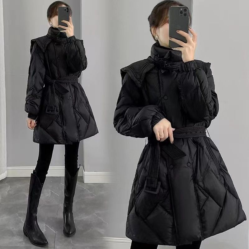 波司登2023新款女装冬季修身收腰中长款羽绒服女黑色显瘦双排扣立