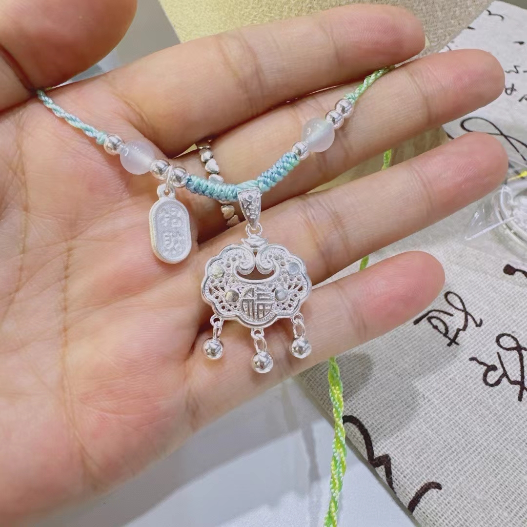 吊坠足银 足银长命锁宝宝镂空项链吊坠儿童大人刻字满月生日礼物