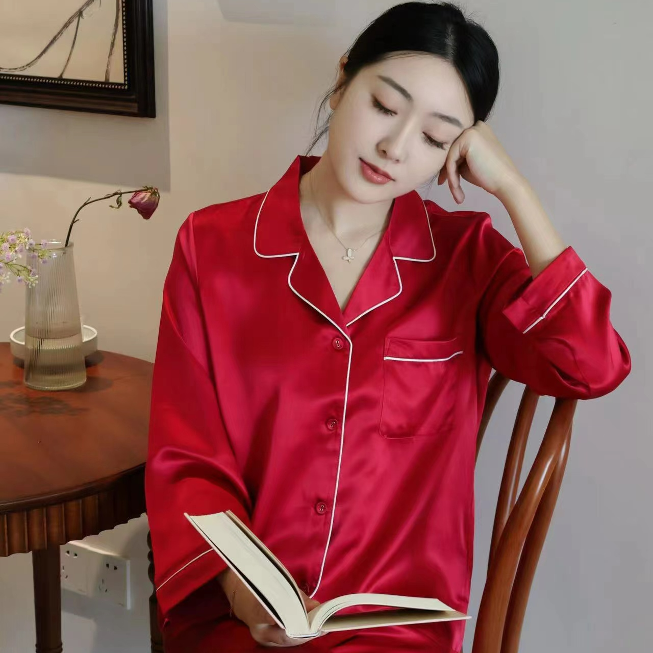 真丝桑蚕丝长袖长裤套装情侣款丝滑外穿睡衣家居服高端品质春夏