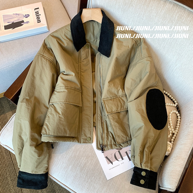 设计感撞色灯芯绒翻领拼接棉服外套女2025秋冬款复古小众短款棉衣